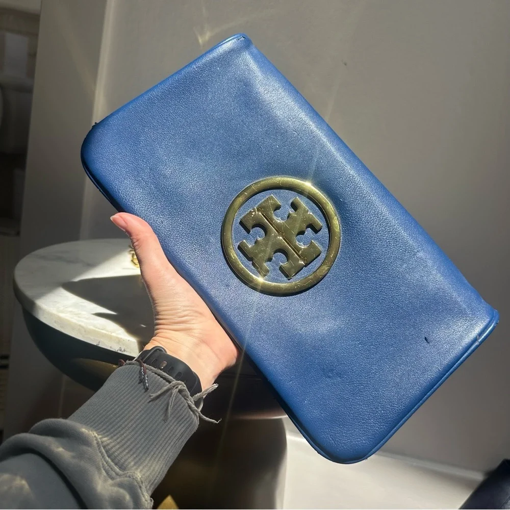 Tory Burch Cobalt Blue Logo Clutch Bag With Removable Shoulder Strap Gold Accent